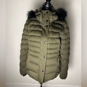 ANDREW MARC Women’s Green Puffer Coat Vest w/Detachable Sleeves & Fur-Lined Hood